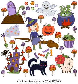 set of illustrations for Halloween. brightest witch cauldron witch with potion, skull, cat, zombie, ghost, pumpkin, witch's castle and toadstools. vector