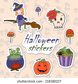 set of illustrations for Halloween. brightest witch cauldron witch with potion, skull,  pumpkin and toadstools. vector