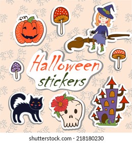 set of illustrations for Halloween. brightest witch, skull, cat, pumpkin, witch's castle. vector