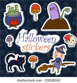 set of illustrations for Halloween. brightest witch cauldron witch with potion, cat, zombie. vector