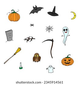 A set of illustrations for Halloween. Cute pictures for Halloween. Simple flat vector illustration.