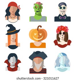 Set of  illustrations for Halloween and Day of the Dead. Vector avatar icons in flat style of characters: pirates, witch, zombie, pumpkin head, vampire, dead bride, catrina.