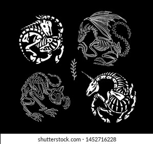 A set of illustrations for Halloween. Dragon, cat and unicorn skeleton. Isolated on black background. For tattoo, print on t-shirt and more. Happy Halloween!