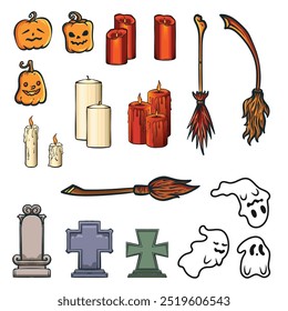 A set of illustrations for the Halloween event. Doodle art about Halloween. Funny illustrations of Halloween. Illustrations of ghosts, graveyards, broomsticks, pumpkins and candles.