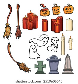A set of illustrations for the Halloween event. Doodle art about Halloween. Funny illustrations of Halloween. Illustrations of ghosts, graveyards, broomsticks, pumpkins and candles.