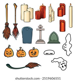 A set of illustrations for the Halloween event. Doodle art about Halloween. Funny illustrations of Halloween. Illustrations of ghosts, graveyards, broomsticks, pumpkins and candles.