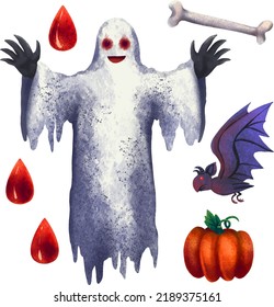 Eine Reihe von Illustrationen für Halloween-Ghost-Knochen-Bluttropfen Fledermausmonster
