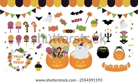 Set of illustrations of Halloween items and sweets.
