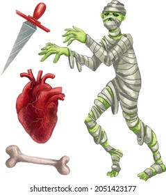 A set of illustrations for Halloween mummy, sacrificial knife, anatomical heart, bone