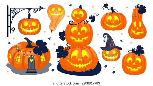 A set of illustrations of Halloween pumpkin lanterns of various shapes and characters. A hanging lantern, a pumpkin in a witch's hat, a house with windows, a pumpkin snowman.