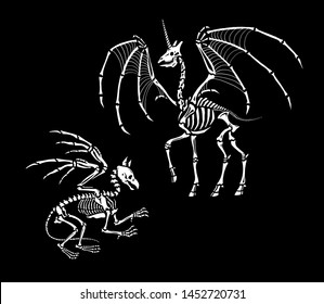 A set of illustrations for Halloween. The skeleton of the unicorn dragon and griffin. Isolated on black background. For tattoo, print on t-shirt and more. Happy Halloween!