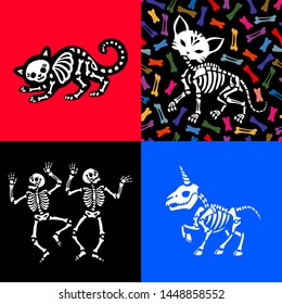 Set of illustrations for halloween. Skeletons of a cat, a unicorn and people. Great for greeting cards, invitations, for printing on T-shirts and more.