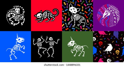 Set of illustrations for halloween. Skeletons of a cat, a unicorn and people. Great for greeting cards, invitations, for printing on T-shirts and more.