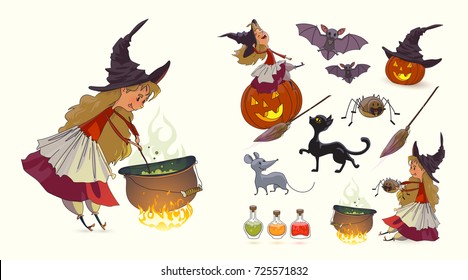 Set of illustrations for Halloween. Young funny witch, pot with potion, broom, pumpkin, spider, cat, mouse, rat, bat, witch's hat. Set of characters for Halloween. Vector