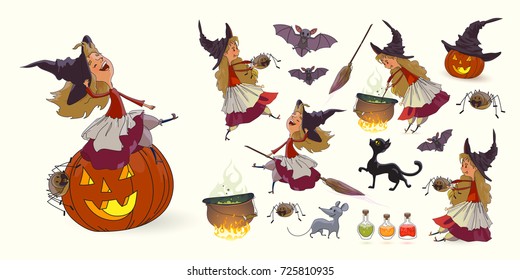 Set of illustrations for Halloween. Young funny witch, pot with potion, broom, pumpkin, spider, cat, mouse, rat, bat, witch's hat, poison. Trick or treat. Collection of characters for Halloween Vector