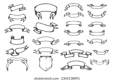 Set of illustrations of hand drawn ribbons. Design element