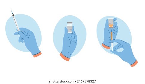 Conjunto de ilustraciones con mano en guantes con jeringa, ampolla con líquido. Concepto de inyección