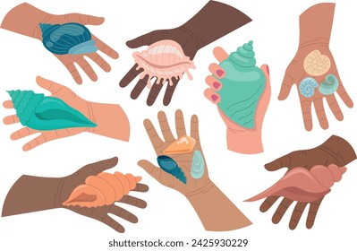 Set of illustrations of a hand holding seashells. Vector illustration in flat cartoon style. Illustrations for icons, stickers, decals.