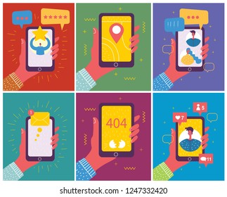 Set of illustrations of hand holding smartphone with new message on screen. Chat, email messaging, sms, mobile concepts for web sites, web banners in modern flat design