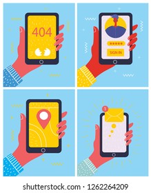 Set of illustrations of hand holding smartphone with new message on screen. Chat, email messaging, sms, mobile concepts for web sites, web banners in modern flat design