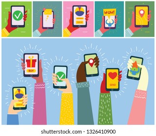 Set of illustrations of hand holding smartphone with new message on screen. Chat, email messaging, sms, mobile concepts for web sites, web banners in modern flat design