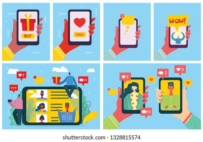Set of illustrations of hand holding smartphone with new message on screen. Chat, email messaging, sms, mobile concepts for web sites, web banners in modern flat design