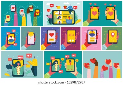 Set of illustrations of hand holding smartphone with new message on screen. Chat, email messaging, sms, mobile concepts for web sites, web banners in modern flat design
