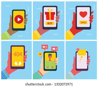 Set of illustrations of hand holding smartphone with new message on screen. Chat, email messaging, sms, mobile concepts for web sites, web banners in modern flat design