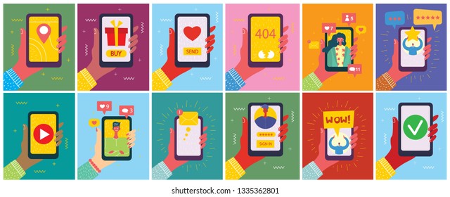 Set of illustrations of hand holding smartphone with new message on screen. Chat, email messaging, sms, mobile concepts for web sites, web banners in modern flat design