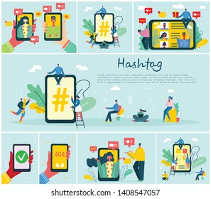 Set of illustrations of hand holding smartphone with new message on screen. Chat, email messaging, hashtag, sms, mobile concepts for web sites, web banners in modern flat design