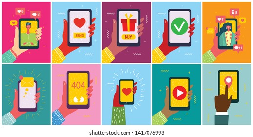 Set of illustrations of hand holding smartphone with new message on screen. Chat, email messaging, sms, mobile concepts for web sites, web banners in modern flat design 