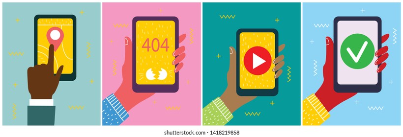 Set of illustrations of hand holding smartphone with new message on screen. Chat, email messaging, sms, mobile concepts for web sites, web banners in modern flat design