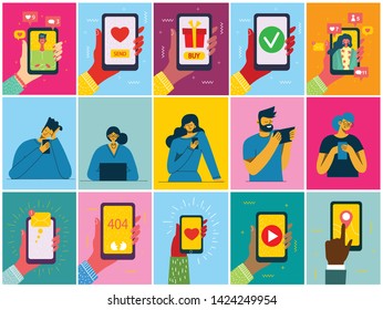 Set of illustrations of hand holding smartphone with new message on screen and people with smartphones. Chat, email messaging, sms, mobile concepts for web sites, web banners in modern flat design