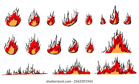 Set of illustrations of hand-drawn flames with a touch of brush