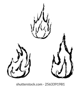 Set of illustrations of hand-drawn flames with a touch of brush