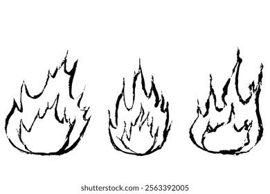 Set of illustrations of hand-drawn flames with a touch of brush