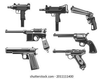Set of illustrations of handgun. Uzi, revolver, mauser, luger. Design element for logo, label, sign, emblem. Vector illustration