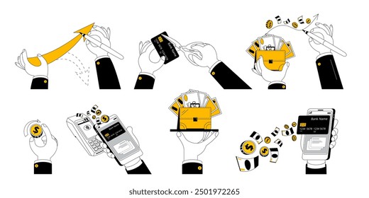 Set of illustrations with hands. Financial transactions and banking. Icons and metaphors. Vector illustration. Passive income.