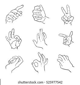 Set of illustrations of hands gesturing. Hand collection - vector line illustration.