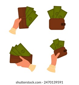 Set of illustrations with hands hold brown wallet with green paper money. Purse with paper currency