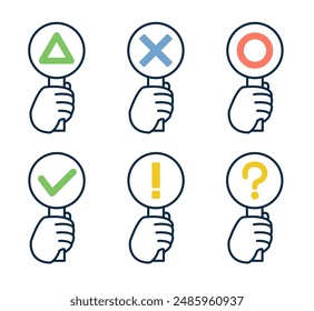 Set of illustrations of hands holding answer cards with round triangles, checks, questions, and expressions of surprise