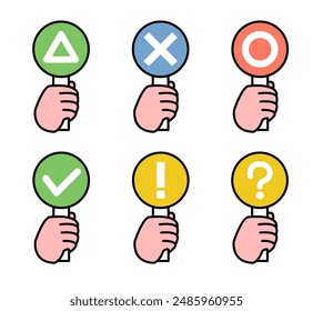 Set of illustrations of hands holding answer cards with round triangles, checks, questions, and expressions of surprise