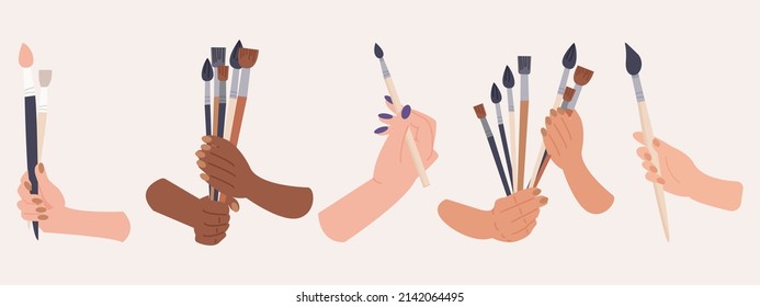 Set of illustrations of woman’s hands holding art supplies. Hand drawn style. Concept of art shop, handmade workshop, tutorial or art school. Hand, palm, nails, wrist, fingers. Vector illustration