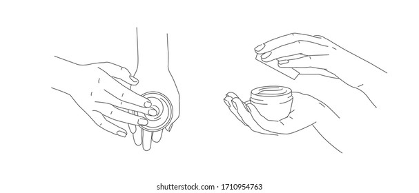 Set of illustrations of hands holding the jar with face or hand cream and puting the substance with finger, hands spin to open or close the cap of the package, line graphic