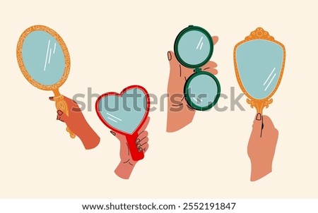 A set of illustrations of hands holding a mirror. Decorated mirrors.
