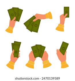 Conjunto de ilustraciones con las manos sosteniendo papel de dinero verde. Billete de papel dólar en mano
