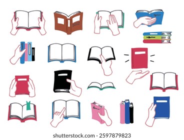  Set of illustrations of hands holding various books