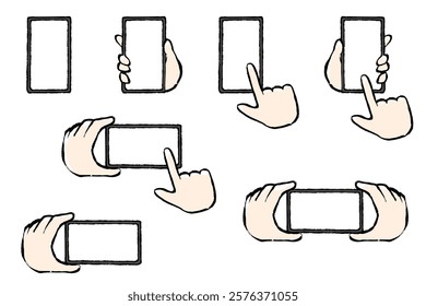 Set of illustrations of hands operating a smartphone with a touch of brush