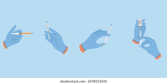 Set of illustrations with hands in rubber gloves hold syringes with liquid for injection