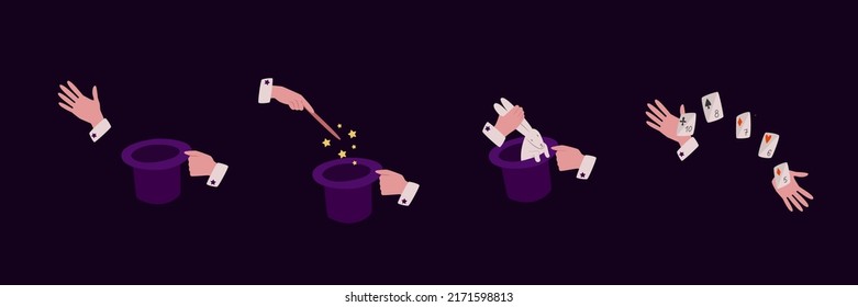 A set of illustrations with hands showing tricks with a hat. A rabbit from a hat, a card trick, a magic wand. Vector elements isolated on a dark background.